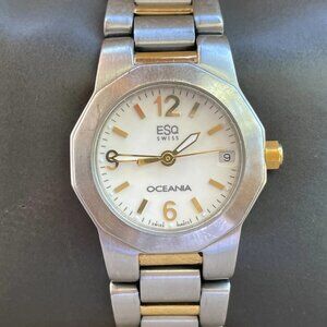 ESQ OCEANIA Swiss Girls Wrist Watch Date Calendar Analog Quartz Silver/Gold Tone